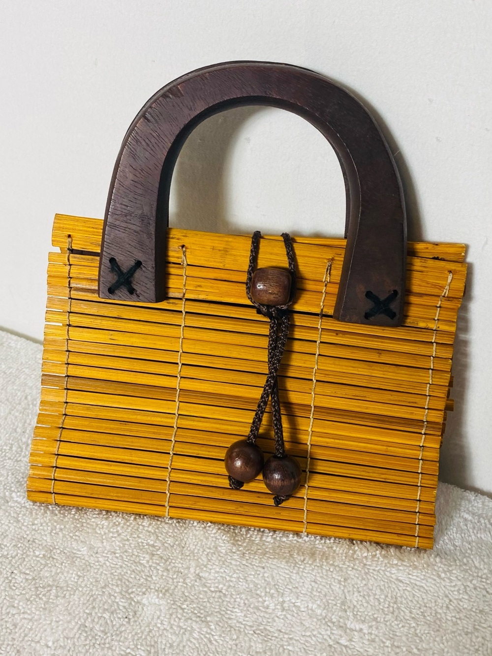 Vintage 90s Bamboo Straw Mini Hand Bag Purse Coconut Shell Bead Closure Boho